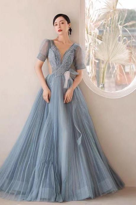abendkleider beaded vintage prom dresses for women tulle gray blue elegant v neck short sleeve a line prom gown robes de soirée