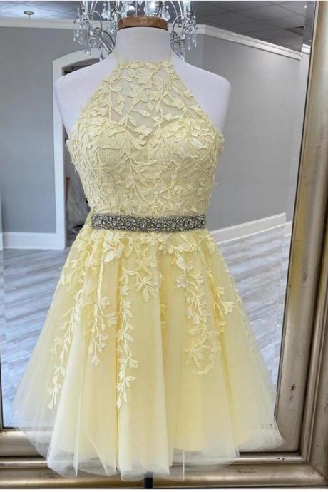 yellow lace applique prom dresses short homecoming dresses beaded a line cheap halter prom gown robes de cocktail 