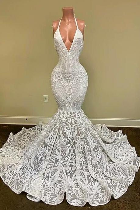 white sparkly lace prom dresses long mermaid halter luxury sexy elegant formal party dresses abendkleider robe de soiree de femme