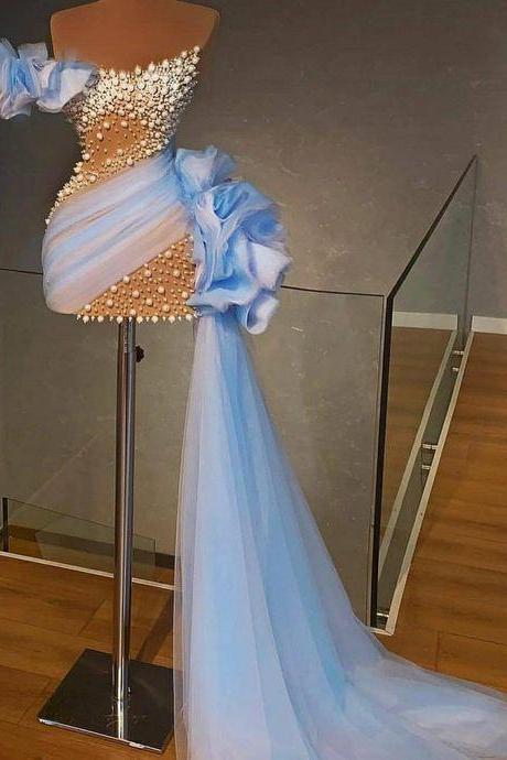 luxury mermaid formal dresses beaded peals blue tulle elegant sexy evening dresses custom make prom dresses met gala dress vestidos de fiesta