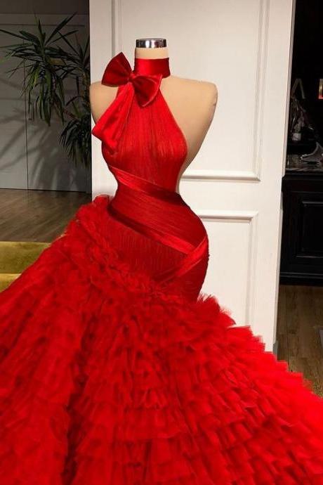 red prom dresses 2022 mermaid tulle high neck elegant sleeveless cheap prom gown 2023 vestidos de fiesta de longo women fashion 