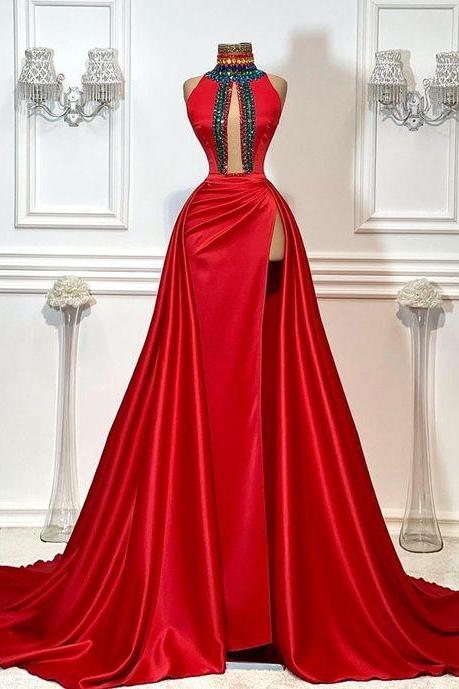 red high neck prom dresses long satin beaded crystals elegant detachable skirt prom gown formal party dresses abendkleider vestidos de fiesta de longo