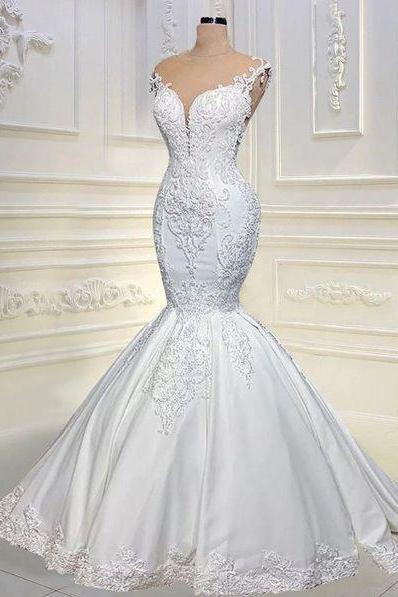 Luxury Wedding Dresses For Bride Mermaid Lace Applique Elegant Beaded Modest Bridal Dresses Robe De Mariage