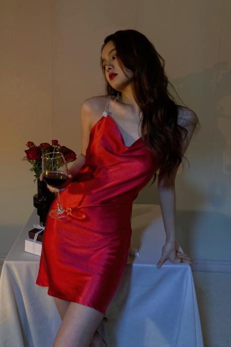 red evening dresses short sexy formal party dresses spaghetti strap mermaid satin simple formal dresses robe de soiree de femme