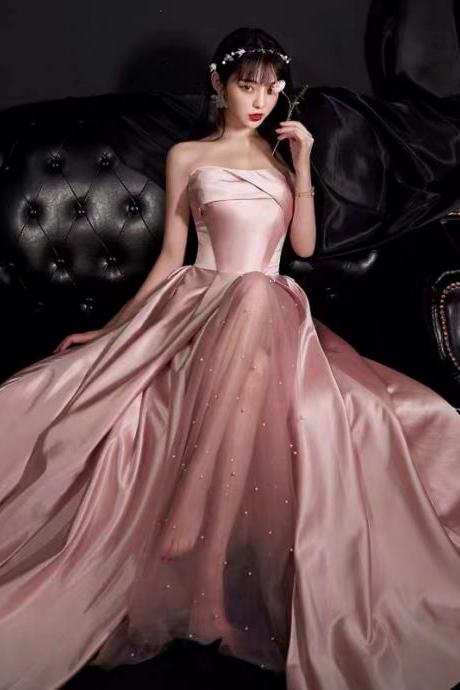 strapless pink prom dresses long satin beaded a line elegant simple cheap prom gown vestidos de cocktail robe de soiree