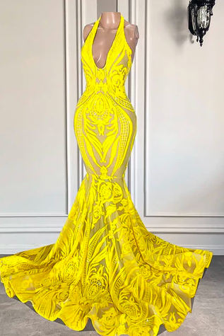 Yellow Halter Prom Dresses Long Mermaid Sparkly Sequin Applique Modest Elegant Formal Dresses Custom Make Prom Gown Vestidos De Fiesta