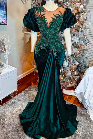 modest vintag prom dresses long short sleeve beaded applique muslim dubai fashion prom gown for women luxury velvet mermaid formal dresses 