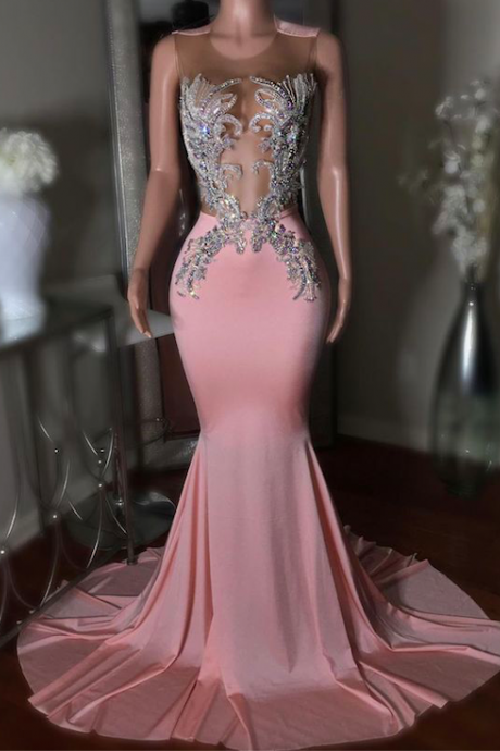 Custom Make Prom Dresses Long Sleeveless Pink Lace Applique Beaded Mermaid Prom Gown Vestidos De Fiesta De Llongo