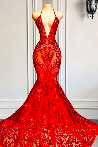 Red Sparkly Lace Prom Dresses Long Halter Sexy Formal Party Dresses Mermaid Elegant Modest Prom Gown Robes De Cocktail