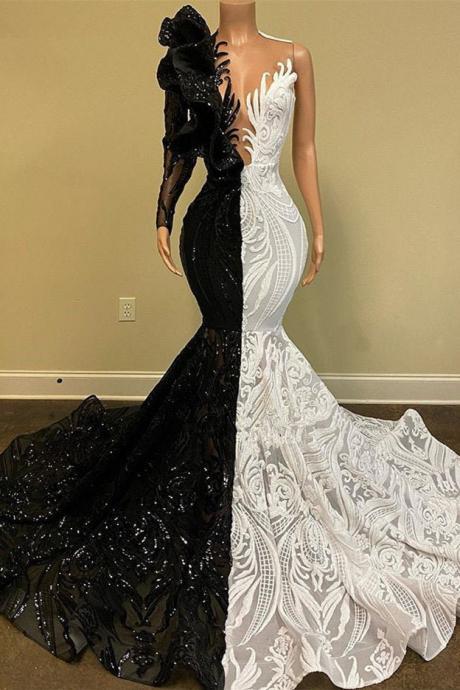 Abendkleider Black And White Prom Dresses Long One Shoulder Mermaid Modest Sparkly Formal Party Dresses Vestidos De Fiesta De Longo