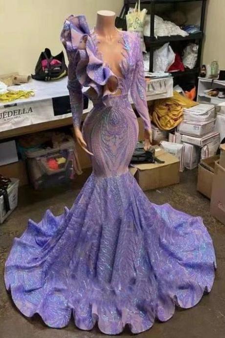 Long Sleeve Modest Prom Dresses For Women Purple Sparkly Sequin Applique Mermaid Prom Gown Robe De Soiree Elegant Dress For Wedding Party