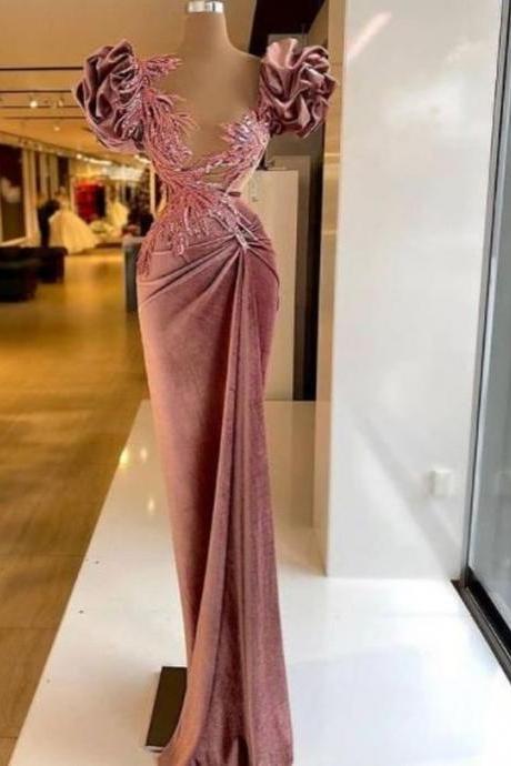 velvet mermaid prom dresses custom make lace applique short sleeve elegant evening dresses vintage rose pink prom gown vestidos de gala