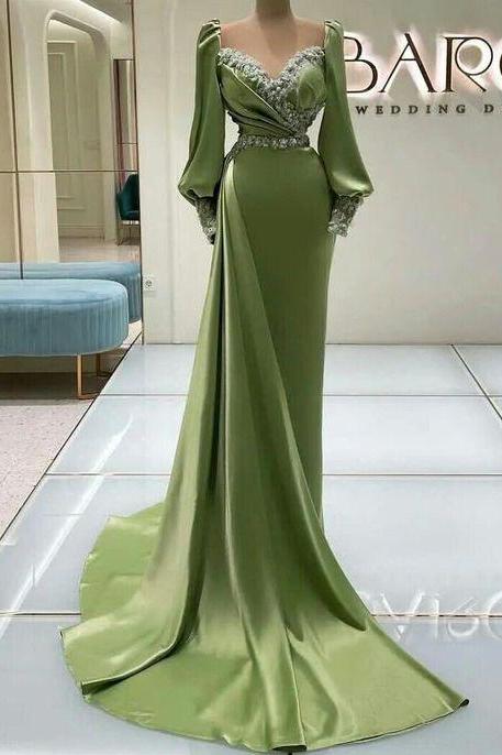 long sleeve muslim fashion prom dresses for women green lace applique elegant dubai formal party dresses custom make prom gown vestidos de noche