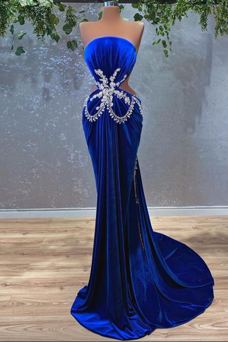 royal blue beaded evening dresses long strapless mermaid velvet elegant modest cheap formal dresses vestidos de noche 