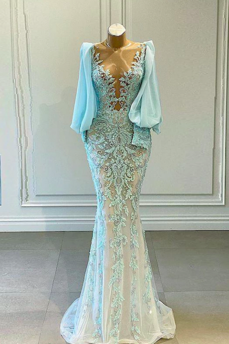 muslim dubai fashion prom dresses long sleeve lace applique blue mermaid prom gown robe de soirée femme