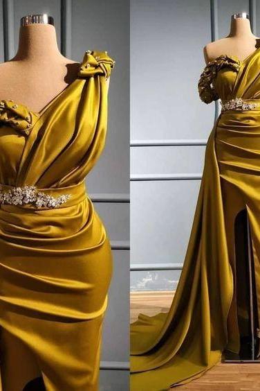 one shoulder beaded prom dresses long mustard mermaid elegant vintage prom gown vestidos de gala