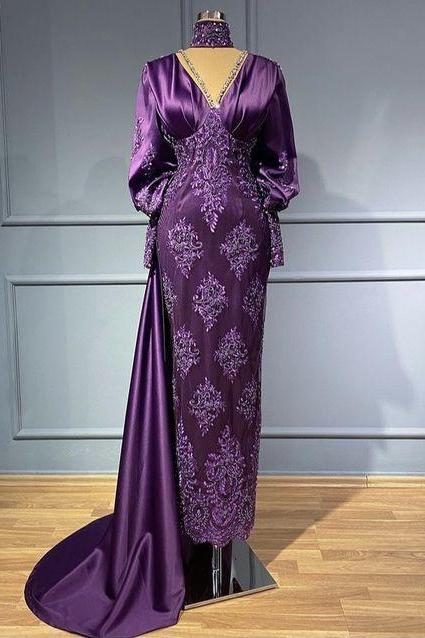 muslim prom dresses long sleeve dubai fashion lace applique purple elegant prom gown abendkleider high neck custom make formal dresses vestidos de noche