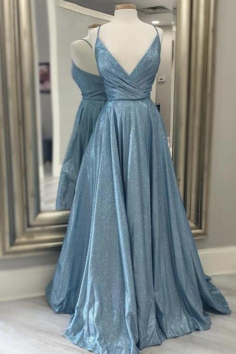 spaghetti strap blue prom dresses long simple sparkly modest cheap prom gown abendkleider robe de soirée femme