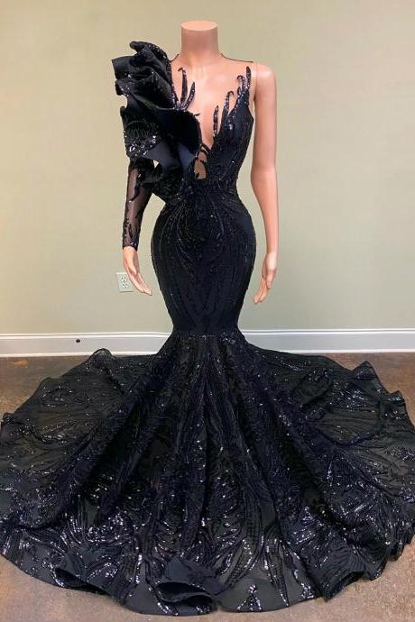black prom dresses one shoulder sparkly lace custom make mermaid cheap prom gown vestidos de fiesta de longo