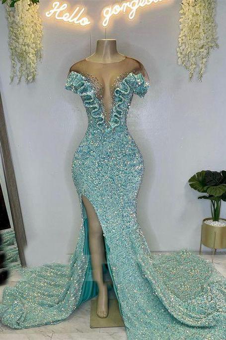 sparkly blue evening dresses long for black girl mermaid cap sleeve elegant modest formal party dresses abendkleider 