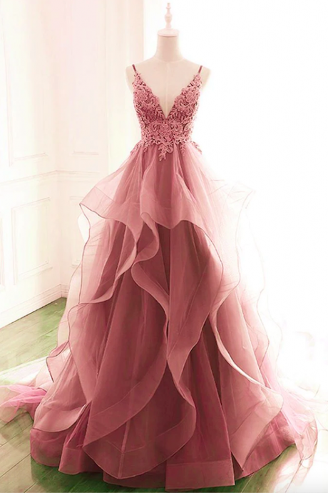 vestidos de noche spaghetti strap tulle prom dresses a line lace applique rose pink elegant cheap prom gown robes de cocktail 