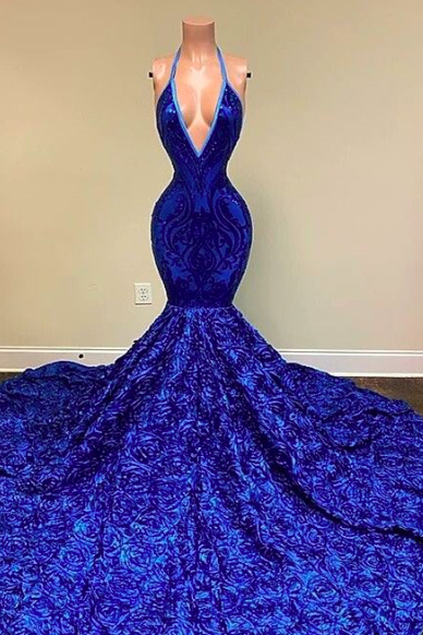 vestidos elegantes para mujer royal blue halter evening dresses long floral sparkly lace mermaid formal party dresses robe de soirée femme