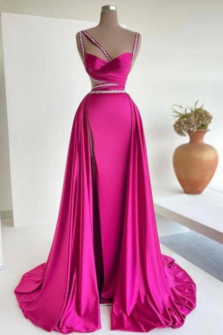 vestidos de gala elegant satin prom dresses with removable skirt hot pink beaded simple prom gown vestidos de fiesta
