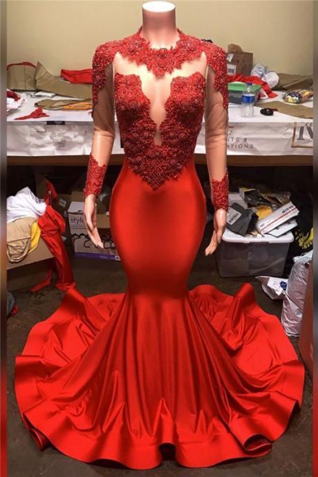 Red Mermaid Evening Dresses Long Sleeve Modest Lace Applique Beaded Elegant Formal Dresses Vestidos De Mujer Elegantes Para Fiesta