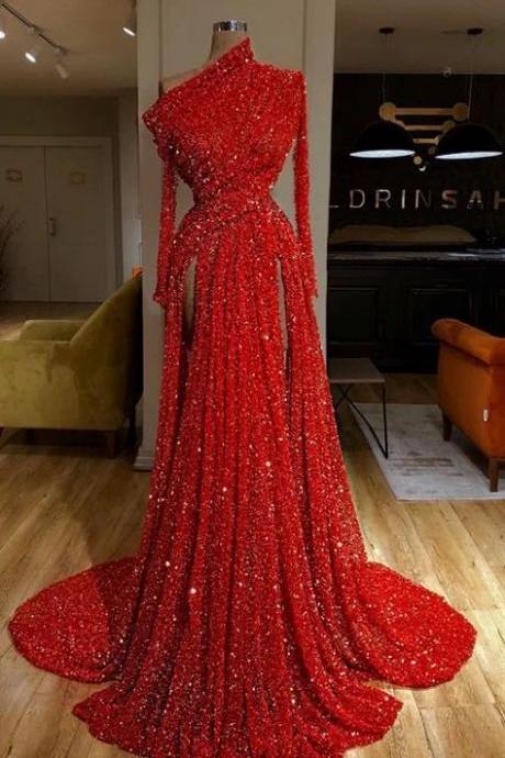 Red Sparkly Prom Dresses Long Sleeve Elegant A Line Formal Party Dresses Robe De Soiree Femme