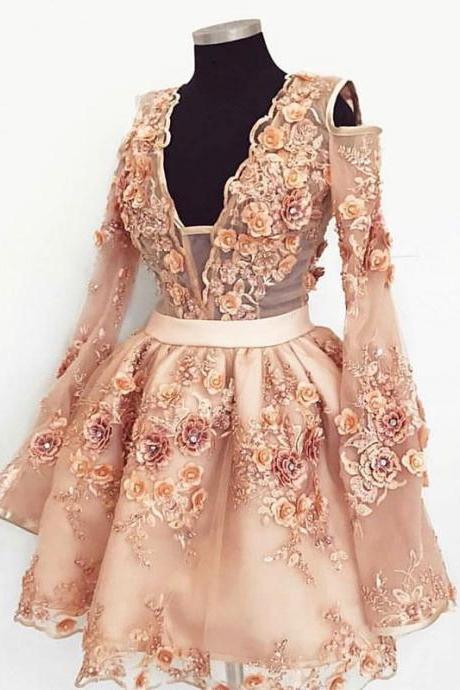 3d Flowers Prom Dresses Homecoming Dresses Short Lace Applique Champagne Tulle Prom Gown Robes De Cocktail