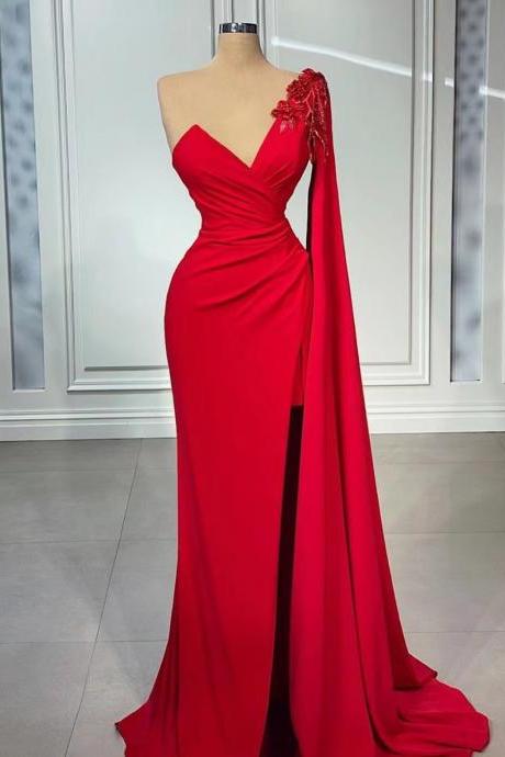 Red Lace Prom Dresses Long Elegant Lace Applique Beaded Simple Formal Party Dresses Robe De Soiree