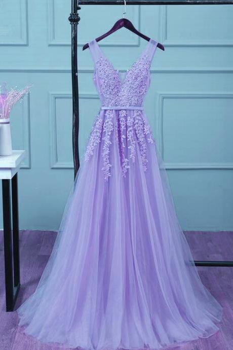Purple Lace Applique Prom Dresses For Women Sleeveless V Neck Beaded A Line Prom Gown Robe De Soiree Femme