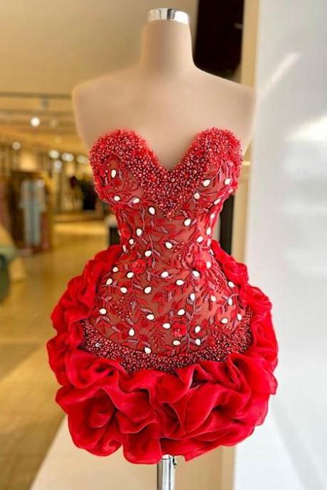 Red Party Dresses Lace Applique Beaded Sweetheart Neck Sexy Formal Dresses Robes De Cocktail Evening Dresses Short Vestidos Elegantes Para Mujer