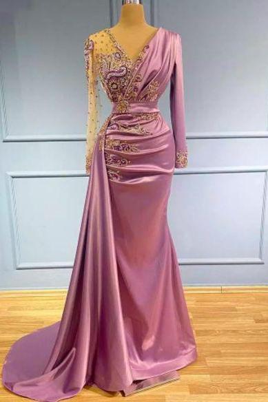 Muslim Dubai Fashion Prom Dresses Long Sleeve Beaded Applique Elegant Rose Pink Prom Gown Vestidos Elegantes Para Mujer