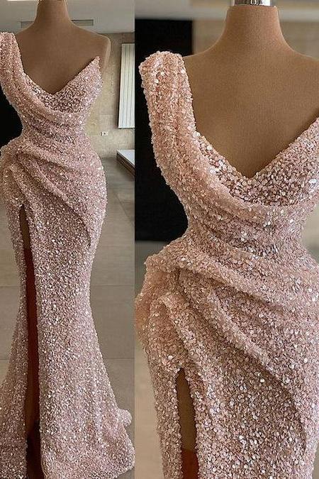 Modest Pink Evening Dresses Long Sparkly V Neck Unique Gorgeous Mermaid Elegant Evening Gown Robes De Soiree
