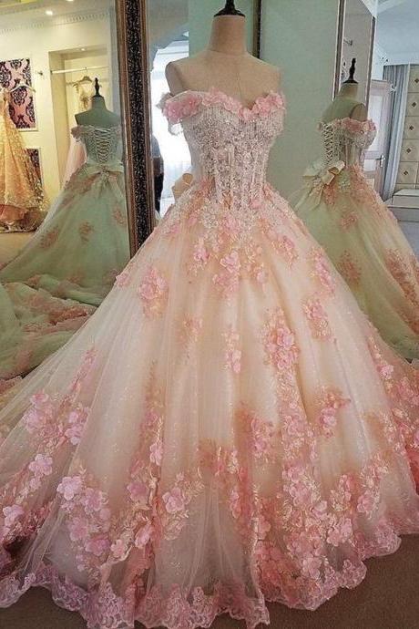 Sweet 16 Dresses Pink Lace Floral Prom Dresses Ball Gown Off The Shoulder Elegant Beaded Luxury Prom Gown Robes De Cocktail Vestidos De Fiesta