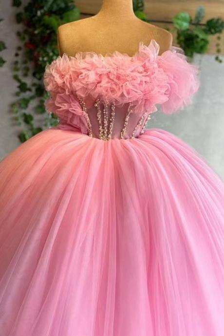 Pink Prom Dresses Ball Gown Robes De Soiree Femme Beaded Tulle Puffy Elegant Prom Gown Custom Make Evening Party Dresses Abendkleider