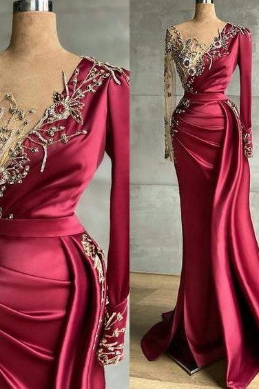Long Sleeve Beaded Prom Dresses Abendkleider Luxury Arabic Style Dubai Fashion Elegant Prom Gown Robe De Soiree Femme Chic