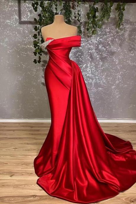 Off The Shoulder Elegant Prom Dresses For Women Red Beaded Simple Satin Formal Party Dresses Robe De Soirée Femme Chic