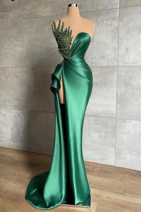 Robe De Soiree Femme Green Party Dresses Evening Gown Lace Applique Beaded Mermaid Modest Pleated Evening Dresses For Women
