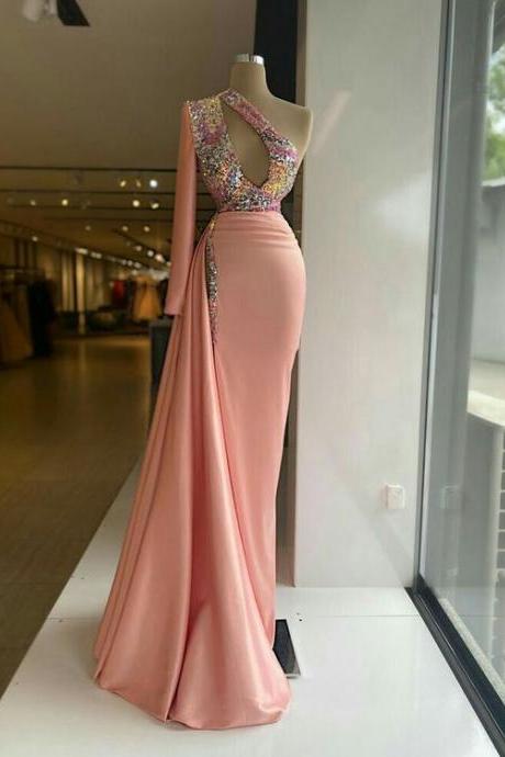 Pink Evening Dresses Long Sleeve Sparkly Sequined Modest Elegant Evening Gown Mermaid Prom Dresses Custom Make Robe De Soiree Femme
