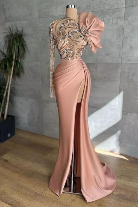 Luxury Beaded Evening Dresses Long Sleeve One Shoulder Elegant Modest Gorgeous Evening Gown