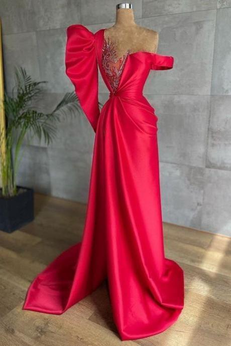 Red Prom Dresses Long Sleeve Beaded Applique Satin Mermaid Elegant Prom Gown Abendkleider Vestidos De Noche