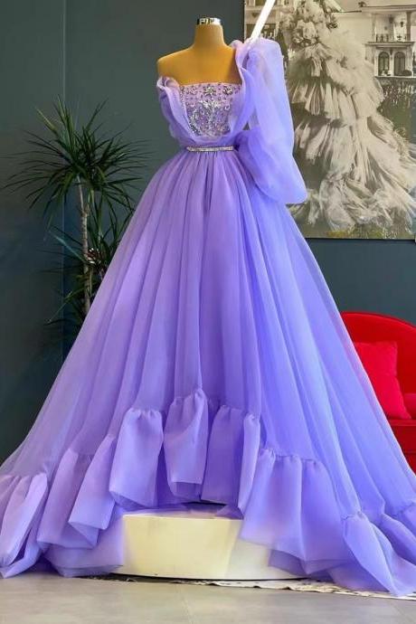 Plus Size Purple Prom Dresses For Women 2024 Beaded One Shoulder Tulle Boat Neck Gorgeous A Line Prom Gown Abendkleider 2025