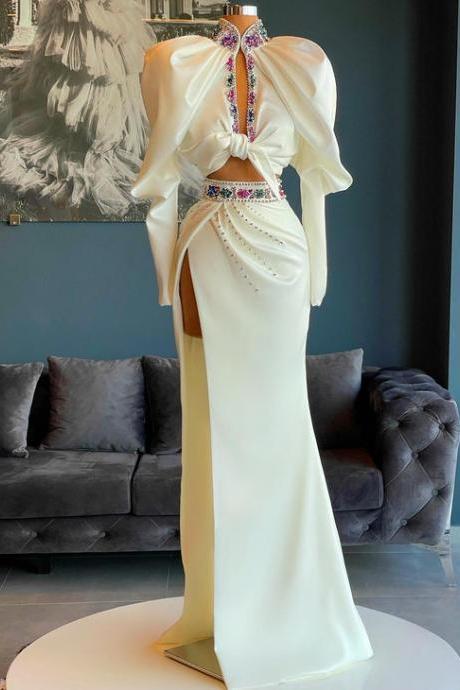 White Luxury Evening Dresses Long Sleeve Arabic Dubai Fashion Beaded Mermaid Elegant Evening Gown Vestido De Noche Vestidos Elegantes Para Mujer