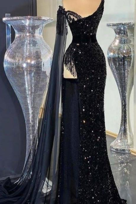Tassels Black Formal Party Dresses Sparkly Sequined One Shoulder Arabic Dubai Fashion Evening Dresses Glitter Dresses Robe De Soiree Femme
