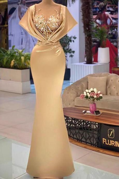 Cap Sleeve Modest Evening Dresses Long Beaded Luxury Gold Champagne Elegant Evening Gown Mother Of The Bride Dresses Custom Make Party Dresses