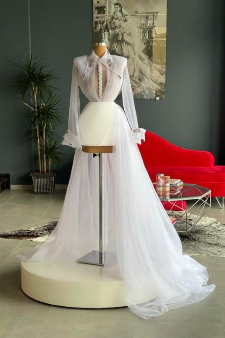 Fashion White Prom Dresses Long Sleeve Lapel Collar Luxury White Prom Gown Formal Occasion Dresses Vestidos Elegantes Para Mujer