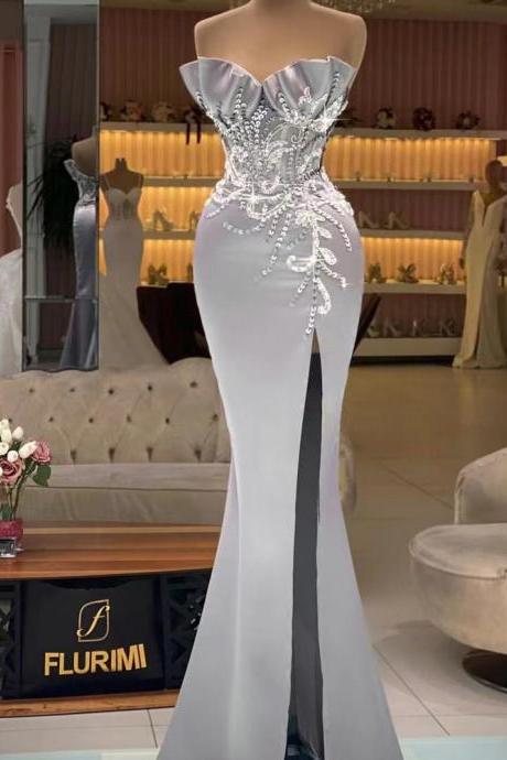 Abendkleider Strapless Elegant Evening Dresses Long Silver Gray Beaded Applique Modest Mermaid Prom Dresses Robe De Soiree Femme Sexy Formal