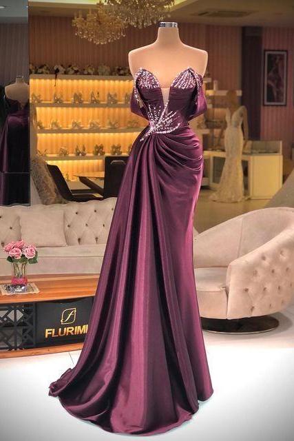 robe de soiree purple beaded evening dresses long mermaid off the shoulder sweetheart neck elegant vintage evening gown vestidos elegantes para mujer 